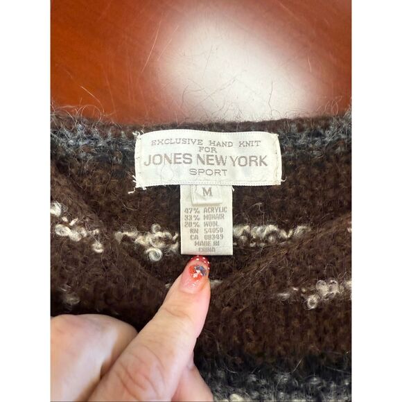 Hand Knit For Jones New York Sport Brown & Cream Stripe Crew Neck Sweater sz M E - Picture 4 of 5